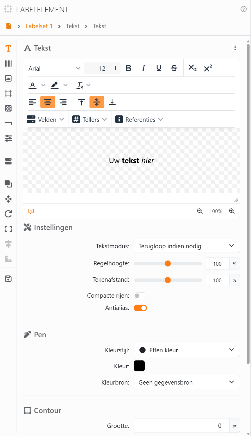 Het paneel Labelelement voor het element Tekst: het pad
Labelset 1, Tekst, Tekst; de strook met pictogrammen langs de linkerkant, met Tekst opgelicht; en de sectie Tekst, met
de teksteditor die Uw tekst hier toont en, daaronder, Instellingen.