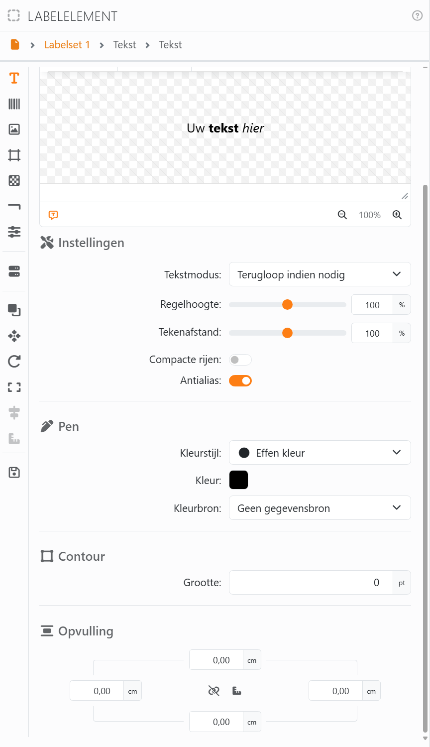 De sectie Tekst onder de editor: Instellingen, met Tekstmodus
Terugloop indien nodig, Regelhoogte en Tekenafstand op 100%, Compacte rijen uit en Antialias aan; Pen, met Kleurstijl
Effen kleur en Kleur zwart; Contour, met Grootte 0 pt; en Opvulling.