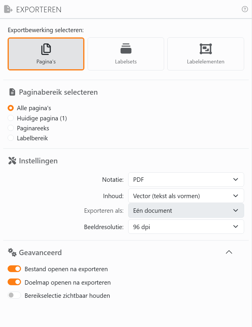Het paneel Exporteren: Exportbewerking selecteren met Pagina's,
Labelsets en Labelelementen, daarna Paginabereik selecteren met Alle pagina's, Huidige pagina, Paginareeks en
Labelbereik, daarna Instellingen met Formaat PDF, Inhoud, Exporteren als en Beeldresolutie, en de sectie Geavanceerd
geopend met Bestand openen na exporteren, Doelmap openen na exporteren en Bereikselectie zichtbaar houden.