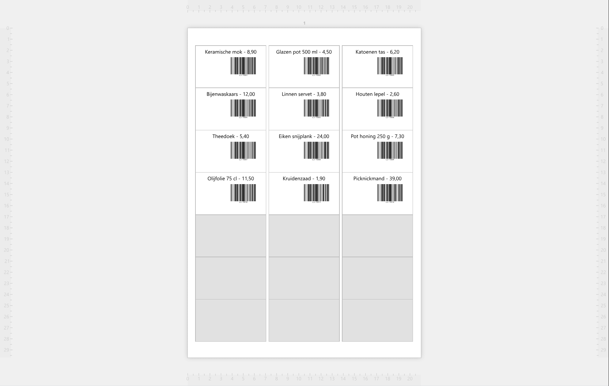 Het werkgebied met een vel Avery L7160 met twaalf labels,
elk met een eigen product en prijs - Keramische mok - 8,90, Glazen pot 500 ml - 4,50 enzovoort - en een barcode van de
eigen code; de rest van het vel is grijs.