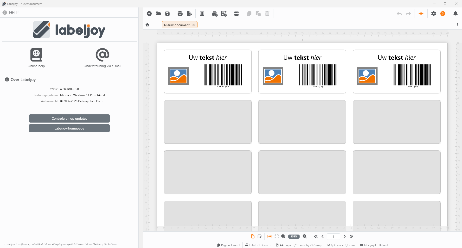 Labeljoy met een nieuw document: het tabblad Nieuw document, en
in het werkgebied een vel waarvan de eerste drie labels elk Uw tekst hier, een afbeelding en een barcode bevatten,
terwijl de rest van het vel grijs is.