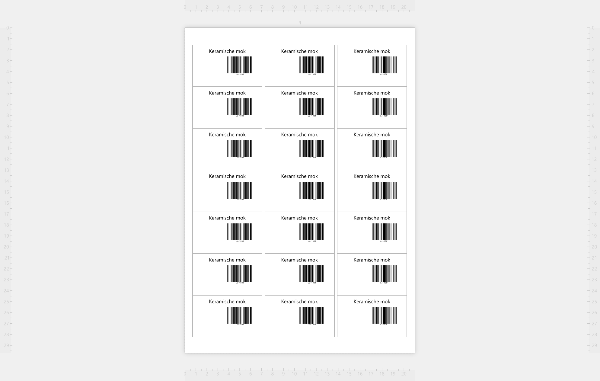 Het werkgebied met een heel vel Avery L7160: 21 labels, elk met
de tekst Keramische mok en een barcode van LJ-1001.