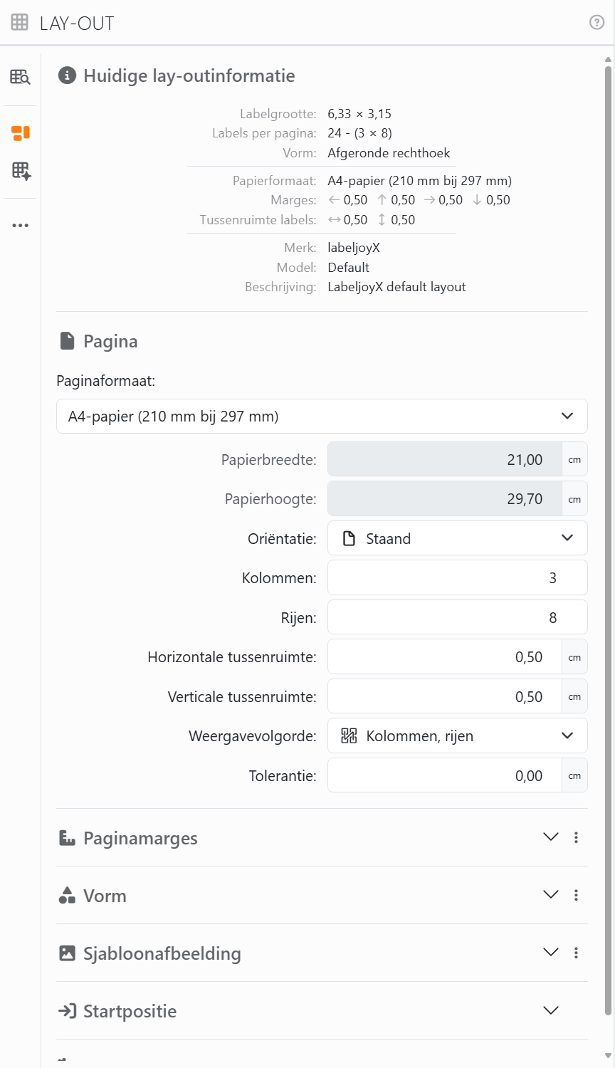 Het paneel Lay-out op Aangepaste lay-out: Huidige
lay-outinformatie, dan de sectie Pagina met Paginaformaat, Papierbreedte, Papierhoogte, Oriëntatie, Kolommen,
Rijen, Horizontale tussenruimte, Verticale tussenruimte, Weergavevolgorde en Tolerantie, dan de secties
Paginamarges, Vorm, Sjabloonafbeelding en Startpositie.