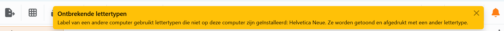 Een kaart Ontbrekende lettertypen rechtsboven in het venster, en ernaast de bel, oranje.