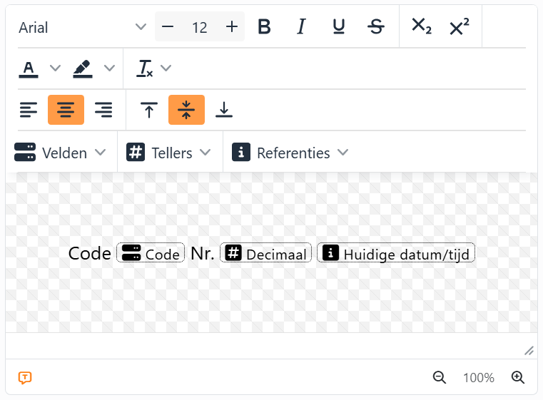 De teksteditor met het woord Code, een placeholder voor het
veld Code, het woord Nr., een placeholder voor een teller Decimaal en een placeholder voor de referentie Huidige
datum/tijd, elk een klein vakje met een stippelrand, met zijn pictogram en naam.