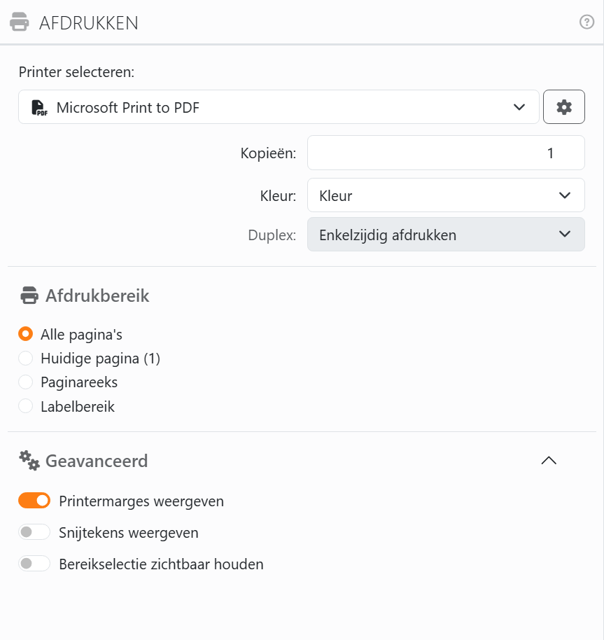 Het paneel Afdrukken: Printer selecteren met Microsoft Print to
PDF en het tandwiel Printervoorkeuren, Kopieën, Kleur en Duplex, daarna Afdrukbereik met Alle pagina's, Huidige pagina,
Paginareeks en Labelbereik, en de sectie Geavanceerd geopend met Printermarges weergeven, Snijtekens weergeven en
Bereikselectie zichtbaar houden.