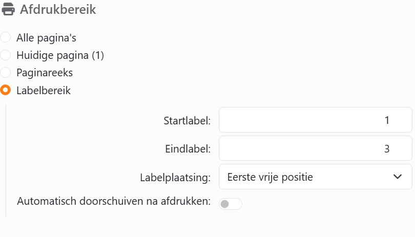 De sectie Afdrukbereik van het paneel Afdrukken met
Labelbereik gekozen: Startlabel 1, Eindlabel 3, Labelplaatsing ingesteld op Eerste vrije positie, en Automatisch
doorschuiven na afdrukken.