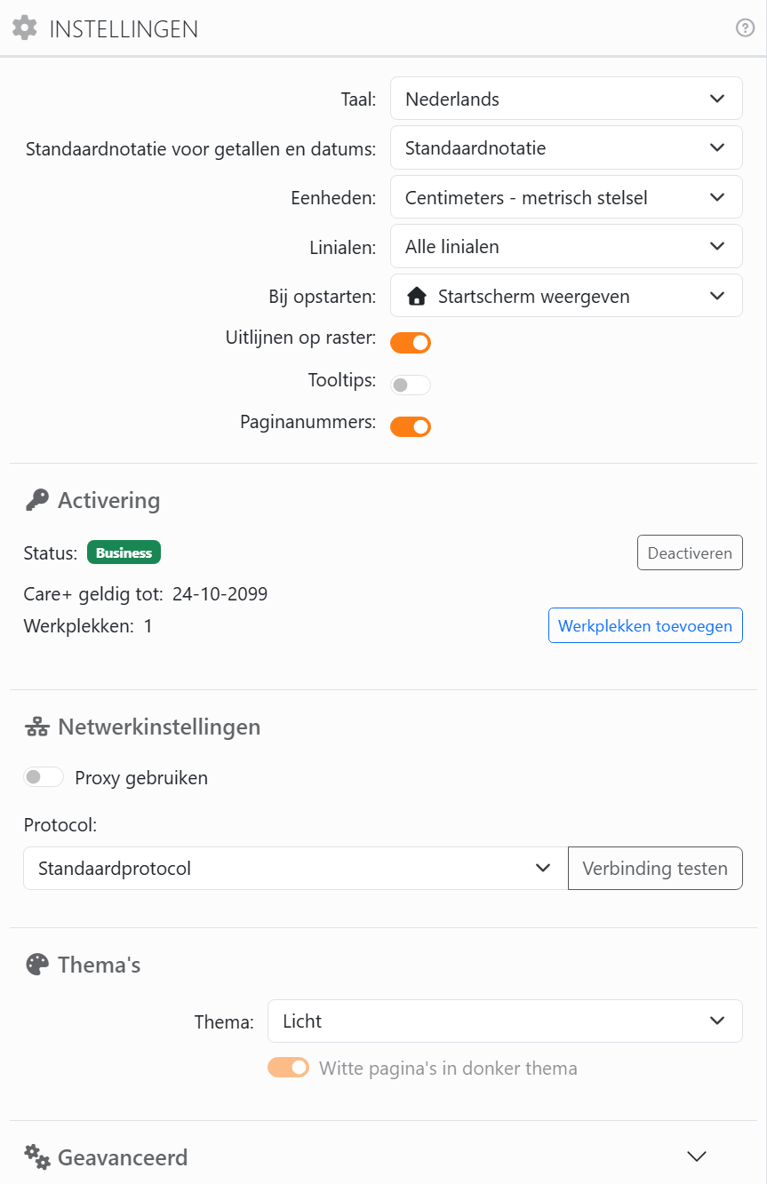 Het paneel Instellingen: Taal Nederlands, Standaardnotatie voor
getallen en datums Standaardnotatie, Eenheden, Linialen, Bij opstarten Startscherm weergeven, de schakelaars Uitlijnen op
raster, Tooltips en Paginanummers, daarna de secties Activering, Netwerkinstellingen, Thema's en, gesloten,
Geavanceerd.