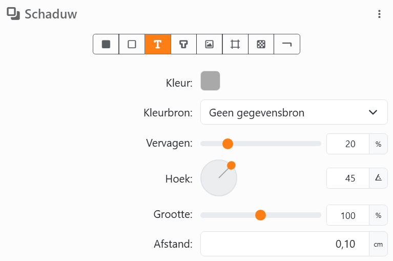 Schaduw met Tekst gekozen uit de acht knoppen, daarna Kleur,
Kleurbron, Vervagen 20%, Hoek met de draaiknop, Grootte 100% en Afstand.