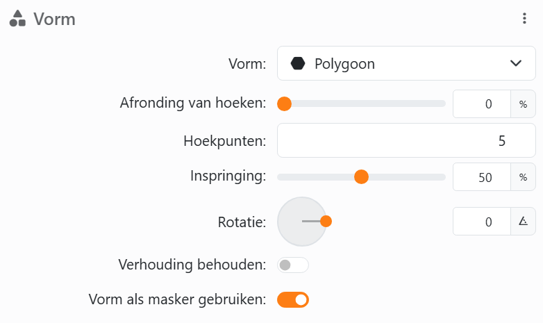 De sectie Vorm van een element: Vorm Polygoon, Afronding van hoeken,
Hoekpunten 5, Inspringing 50% voor een ster, Rotatie met de draaiknop, Verhouding behouden, en Vorm als masker
gebruiken.