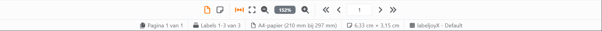 De statusbalk: de besturingselementen voor weergave, zoom en
navigatie bovenaan, en de gegevens over pagina, label, papier, labelgrootte en lay-out eronder.