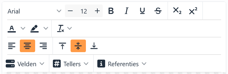De werkbalk van de teksteditor: het lettertype Arial, de grootte
12 met min en plus, Vetgedrukt, Cursief, Onderstrepen, Doorhalen, Subscript en Superscript; de tekst- en
achtergrondkleur en het menu Opmaak opnieuw instellen; Links uitlijnen, Centreren en Rechts uitlijnen, Bovenkant,
Midden en Onderkant uitlijnen; en Velden, Tellers en Referenties.