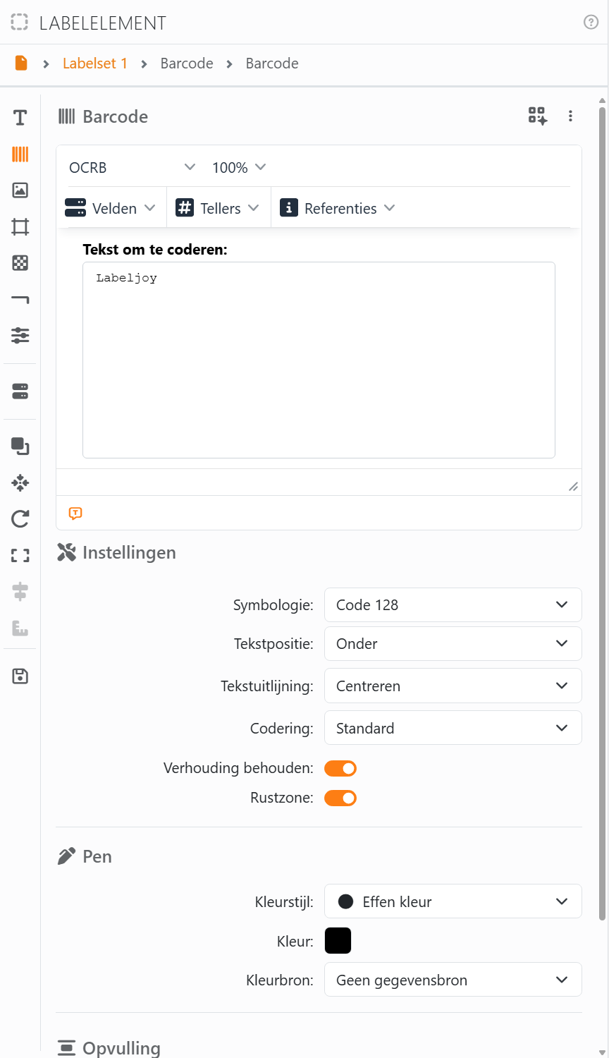 Het gereedschapspaneel met het paneel Labelelement voor een
barcode: de titelbalk, het pad Document, Labelset 1, Barcode, de strook met sectiepictogrammen langs de linkerkant, en
de sectie Barcode geopend.