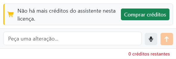 A parte inferior do painel do assistente sem créditos:
o aviso Não há mais créditos do assistente nesta licença, com o botão Comprar créditos, por cima da caixa com Enviar
a cinzento, e 0 créditos restantes a vermelho.