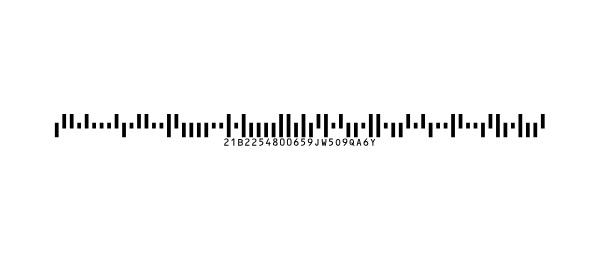 Um código de barras Mailmark da Royal Mail, mais longo, com os seus 22 caracteres por baixo das barras.