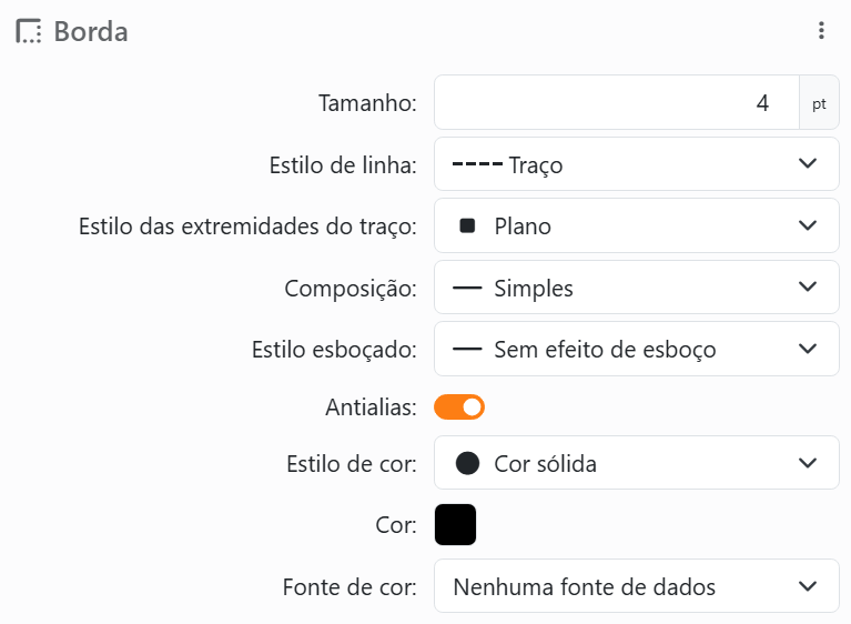 A secção Borda de um elemento: Tamanho 4 pt, Estilo de linha Traço,
Estilo das extremidades do traço Plano, Composição Simples, Estilo esboçado Sem efeito de esboço, Antialias ativado, depois Estilo de
cor Cor sólida, Cor e Fonte de cor.