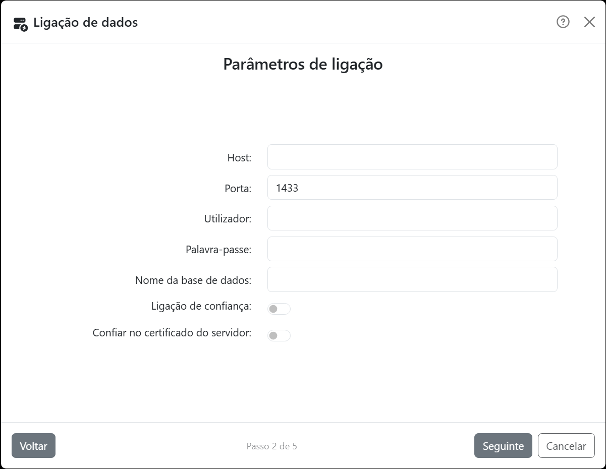 O passo Parâmetros de ligação do assistente para SQL
Server: Host, Porta com 1433, Utilizador, Palavra-passe, Nome da base de dados e os interruptores Ligação de confiança
e Confiar no certificado do servidor.