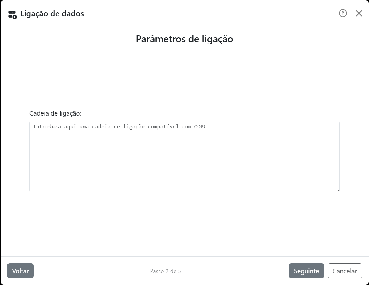 O passo Parâmetros de ligação do assistente para Ligação
personalizada: uma única caixa Cadeia de ligação, com a indicação Introduza aqui uma cadeia de ligação compatível com
ODBC.
