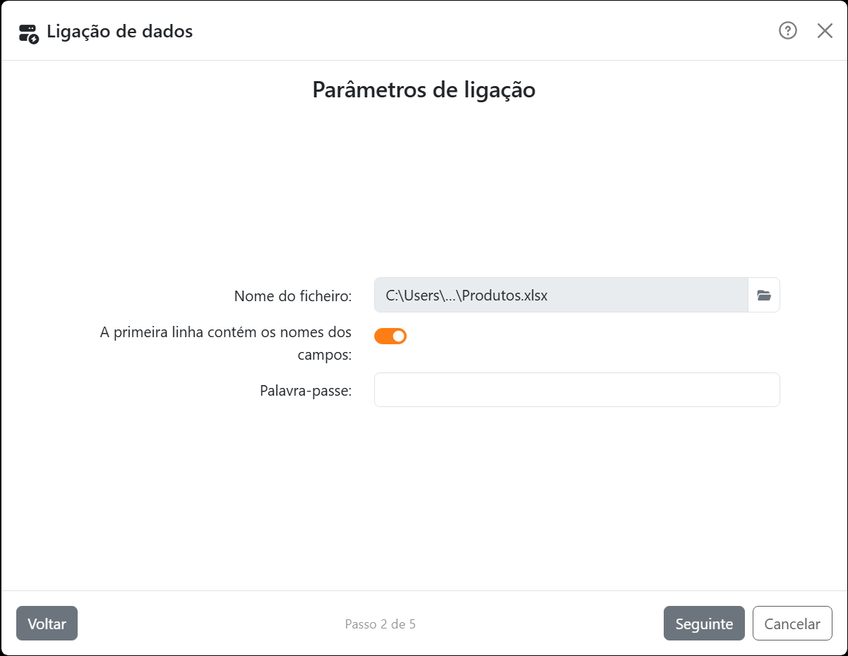O passo Parâmetros de ligação do assistente para o Excel:
Nome do ficheiro com Produtos.xlsx, A primeira linha contém os nomes dos campos ligado, e Palavra-passe.