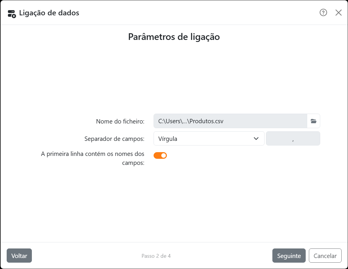 O passo Parâmetros de ligação do assistente para um
ficheiro de texto: Nome do ficheiro com Produtos.csv, Separador de campos em Vírgula, e A primeira linha contém os
nomes dos campos ligado.