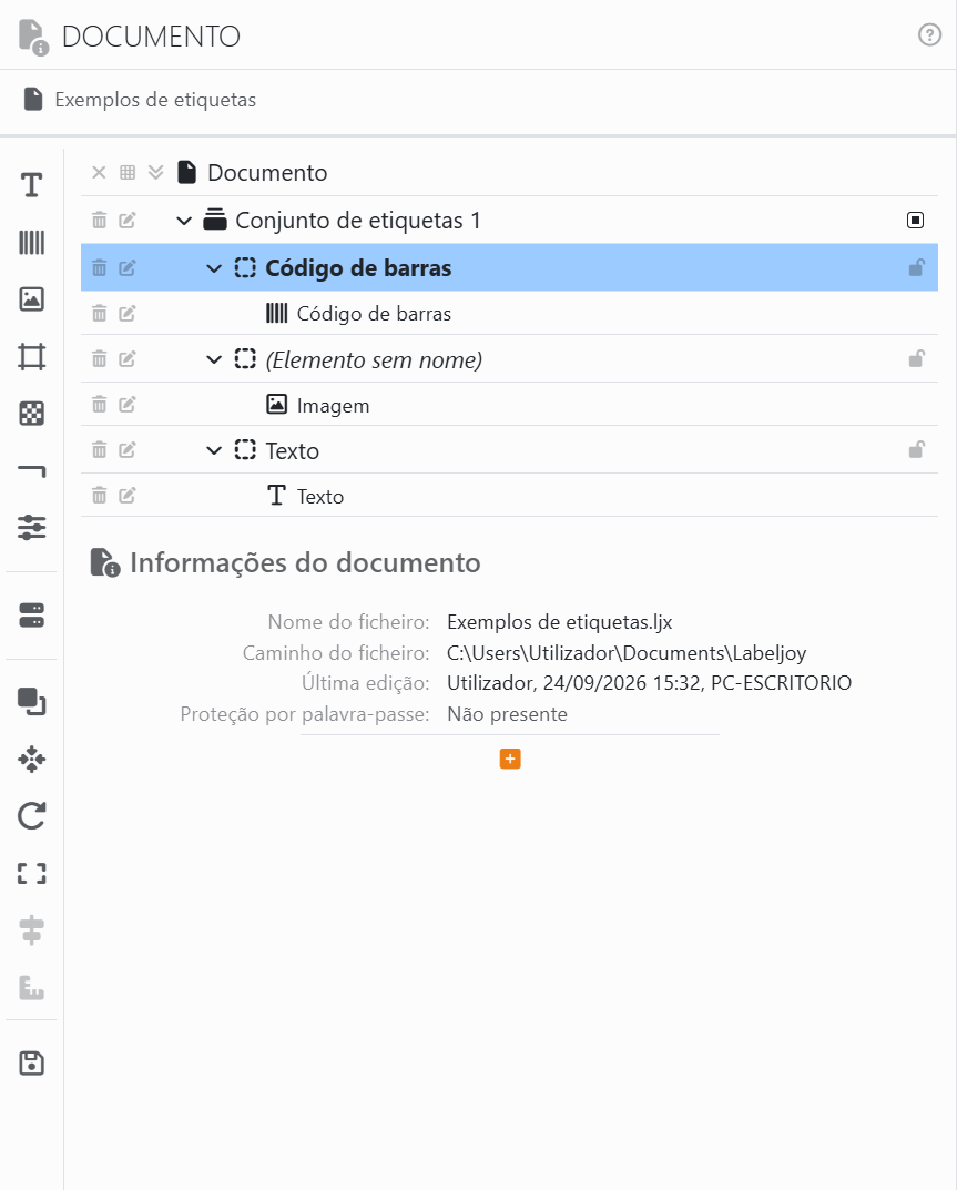 O painel Documento: uma faixa de ícones à esquerda; a
lista com Documento, Conjunto de etiquetas 1 e os seus três elementos Código de barras, um elemento sem nome e Texto,
cada um aberto para mostrar o que contém; e por baixo Informações do documento, com o nome do ficheiro, o caminho do
ficheiro, a última edição e a proteção por palavra-passe.