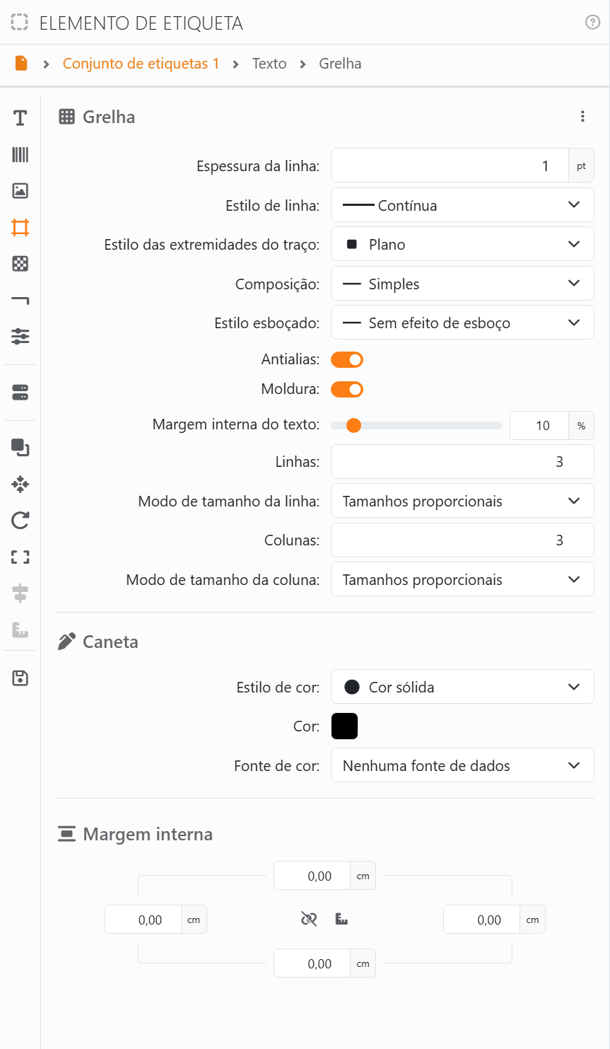 A secção Grelha: Espessura da linha 1 pt, Estilo de linha Contínua,
Estilo das extremidades do traço Plano, Composição Simples, Estilo esboçado Sem efeito de esboço, Antialias ativado, Moldura ativada,
Margem interna do texto 10 %, Linhas 3 e Modo de tamanho da linha Tamanhos proporcionais, Colunas 3 e Modo de tamanho da
coluna Tamanhos proporcionais, depois Caneta e Margem interna.