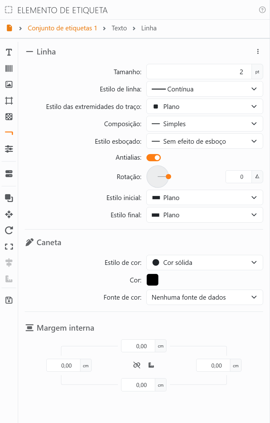 A secção Linha: Tamanho 2 pt, Estilo de linha Contínua, Estilo das extremidades do traço Plano, Composição Simples, Estilo esboçado Sem efeito de esboço, Antialias ativado, Rotação 0, Estilo inicial e
Estilo final Plano, depois Caneta e Margem interna.