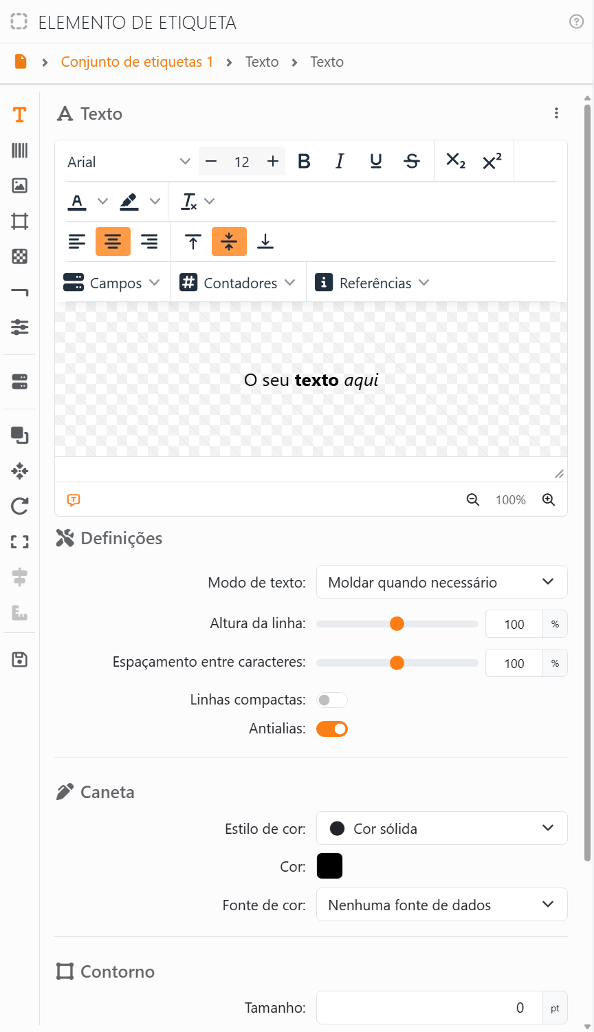 O painel Elemento de etiqueta para o elemento Texto: o caminho
Conjunto de etiquetas 1, Texto, Texto; a faixa de ícones à esquerda, com Texto realçado; e a secção Texto, com o editor
de texto a mostrar O seu texto aqui e, por baixo, Definições.