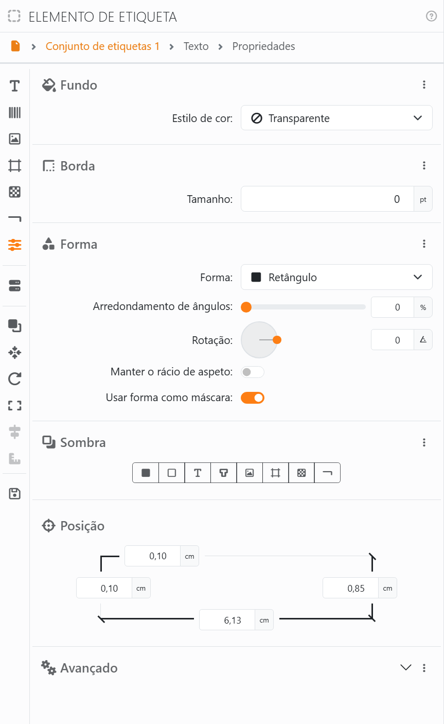 A secção Propriedades: Fundo com Estilo de cor
Transparente, Borda com Tamanho 0 pt, Forma com Retângulo, Arredondamento de ângulos, Rotação, Manter o rácio de aspeto e
Usar forma como máscara, Sombra com a sua fila de botões, Posição com quatro caixas, e Avançado.