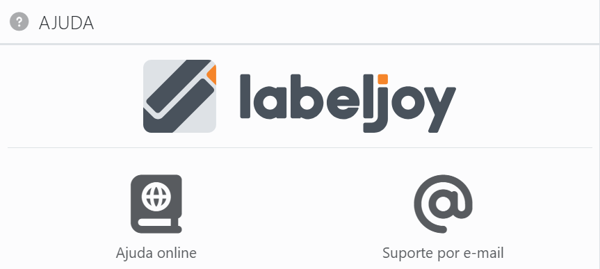 A parte superior do painel Ajuda: o logótipo do Labeljoy e,
por baixo, os botões Ajuda online e Suporte por e-mail lado a lado.