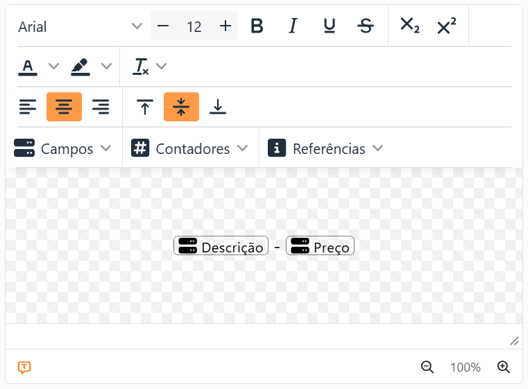 O editor de texto com dois marcadores, Descrição e Preço,
separados por um traço.