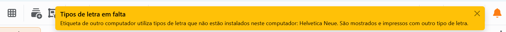 Um cartão Tipos de letra em falta no canto superior direito da janela e, ao lado, o sino, cor de laranja.