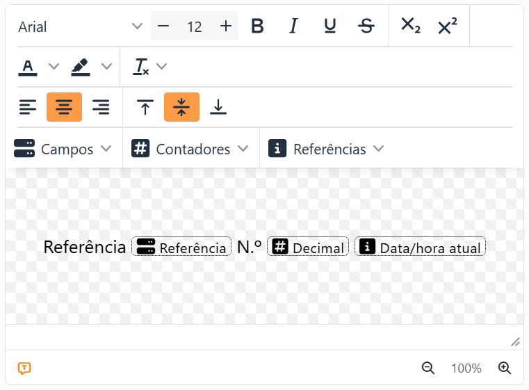 O editor de texto com a palavra Referência, um marcador do campo
Referência, a palavra N.º, um marcador do contador Decimal e um marcador da referência Data/hora atual, cada um uma
pequena caixa pontilhada com o seu ícone e o seu nome.