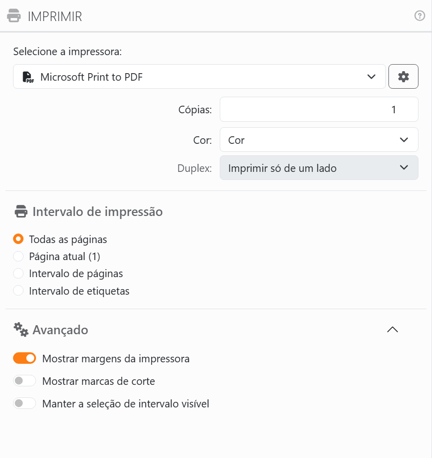 O painel Imprimir: Selecione a impressora com Microsoft Print to
PDF e a roda dentada Preferências da impressora, Cópias, Cor e Duplex, depois Intervalo de impressão com Todas as
páginas, Página atual, Intervalo de páginas e Intervalo de etiquetas, e a secção Avançado aberta com Mostrar margens da
impressora, Mostrar marcas de corte e Manter a seleção de intervalo visível.