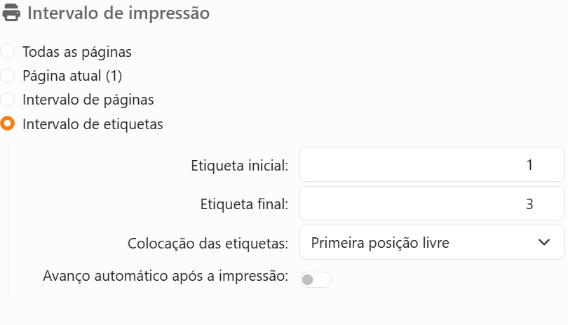 A secção Intervalo de impressão do painel Imprimir com
Intervalo de etiquetas escolhido: Etiqueta inicial 1, Etiqueta final 3, Colocação das etiquetas definida como Primeira
posição livre, e Avanço automático após a impressão.