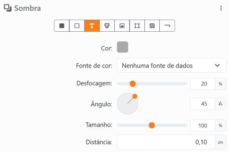 Sombra com Texto escolhido entre os oito botões, depois Cor, Fonte de
cor, Desfocagem a 20 %, Ângulo com o seu mostrador, Tamanho a 100 % e Distância.