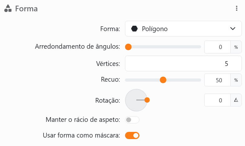 A secção Forma de um elemento: Forma Polígono, Arredondamento de
ângulos, Vértices 5, Recuo 50 % para uma estrela, Rotação com o seu mostrador, Manter o rácio de aspeto e Usar
forma como máscara.