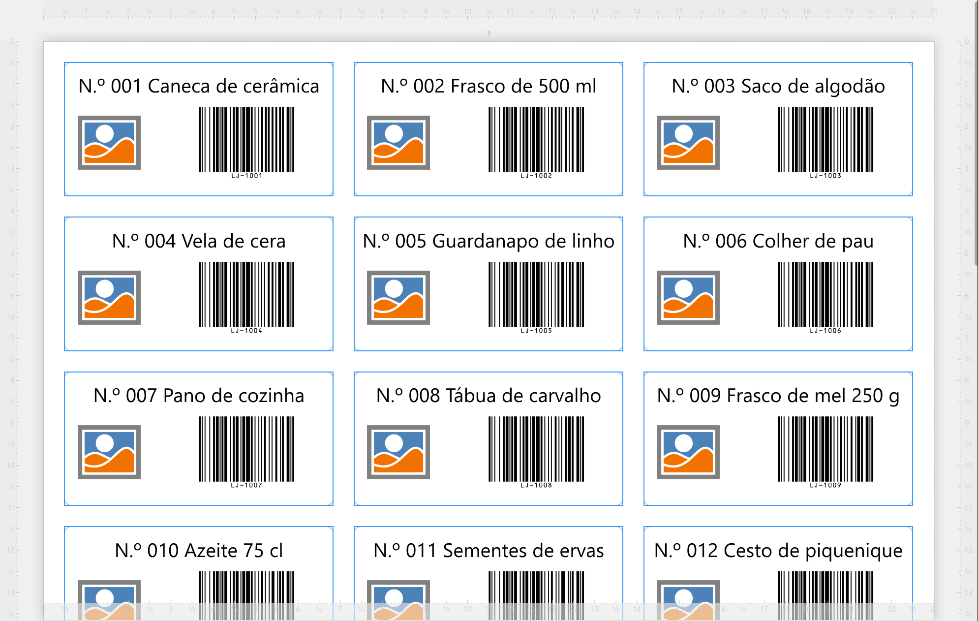 A área de trabalho com uma folha de etiquetas de produtos:
cada uma diz N.º e um número uma unidade acima do da etiqueta anterior - 001, 002, 003 - e depois um produto diferente,
com a referência desse produto como código de barras.