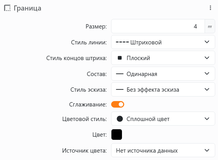 Раздел Граница элемента: Размер 4 пт, Стиль линии Штриховой, Стиль концов штриха Плоский, Состав Одинарная, Стиль эскиза Без эффекта эскиза, Сглаживание включено, затем Цветовой стиль Сплошной цвет, Цвет и Источник
цвета.