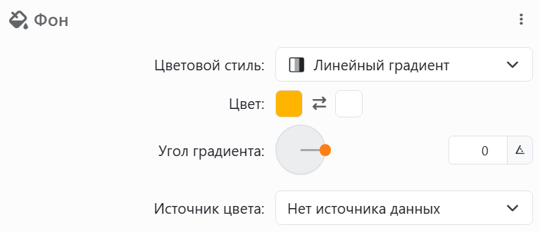 Элемент управления цветом фона: Цветовой стиль Линейный градиент, два
цвета с кнопкой Инвертировать цвета между ними, Угол градиента с круговым регулятором и Источник цвета Нет источника данных.