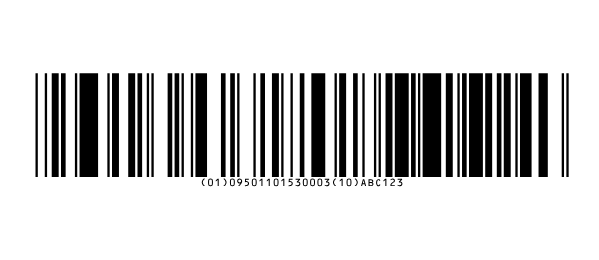 En streckkod av typen Databar Expanded som innehåller (01)09501101530003(10)ABC123.