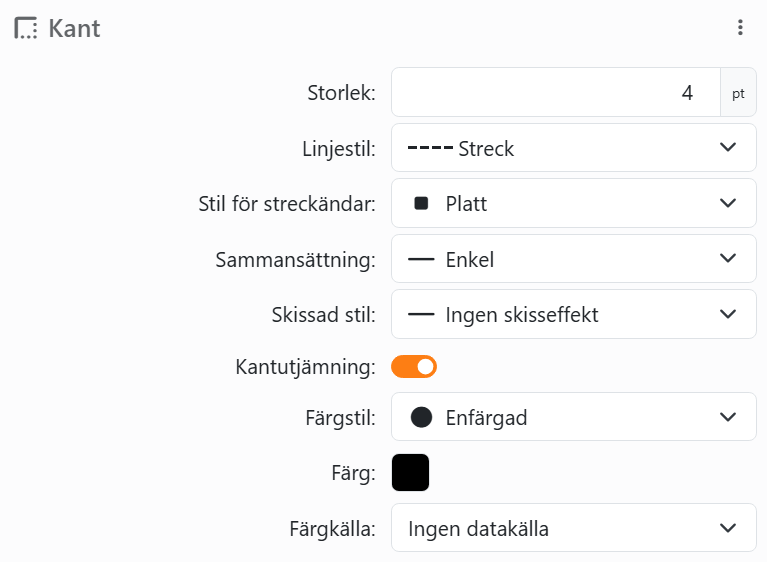 Sektionen Kant för ett element: Storlek 4 pt, Linjestil Streck,
Stil för streckändar Platt, Sammansättning Enkel, Skissad stil Ingen skisseffekt, Kantutjämning på, sedan Färgstil Enfärgad, Färg
och Färgkälla.