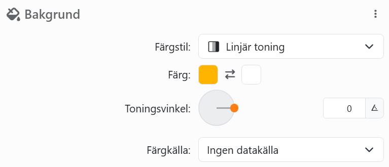 Kontrollen för bakgrundsfärg: Färgstil Linjär toning, två färger
med Invertera färger mellan dem, Toningsvinkel med sin ratt, och Färgkälla Ingen datakälla.
