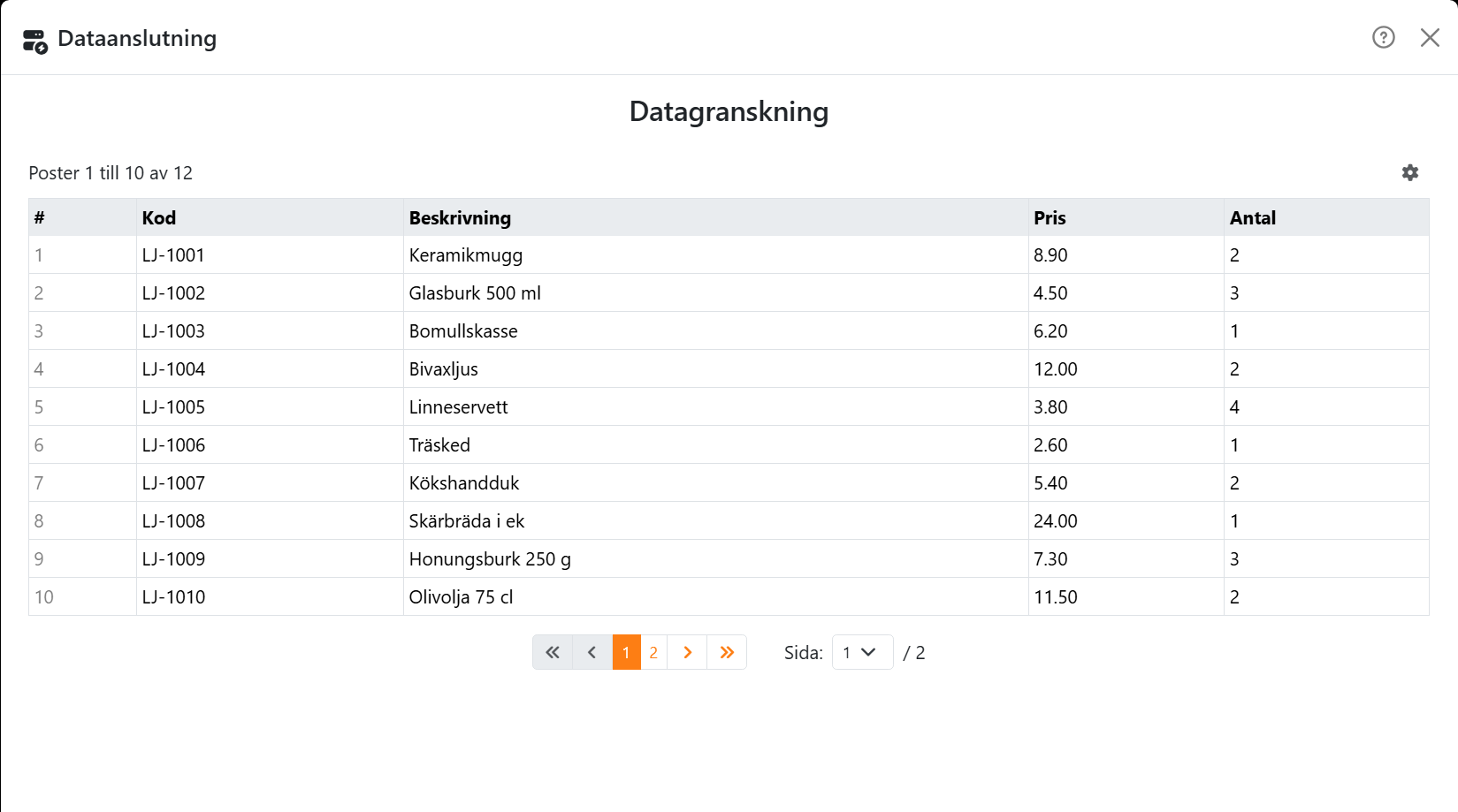 Steget Datagranskning: en tabell med kolumnen # och
fälten Kod, Beskrivning, Pris och Antal, de första posterna i en produktlista, raden Poster 1 till 10 av 12 och
sidknapparna.