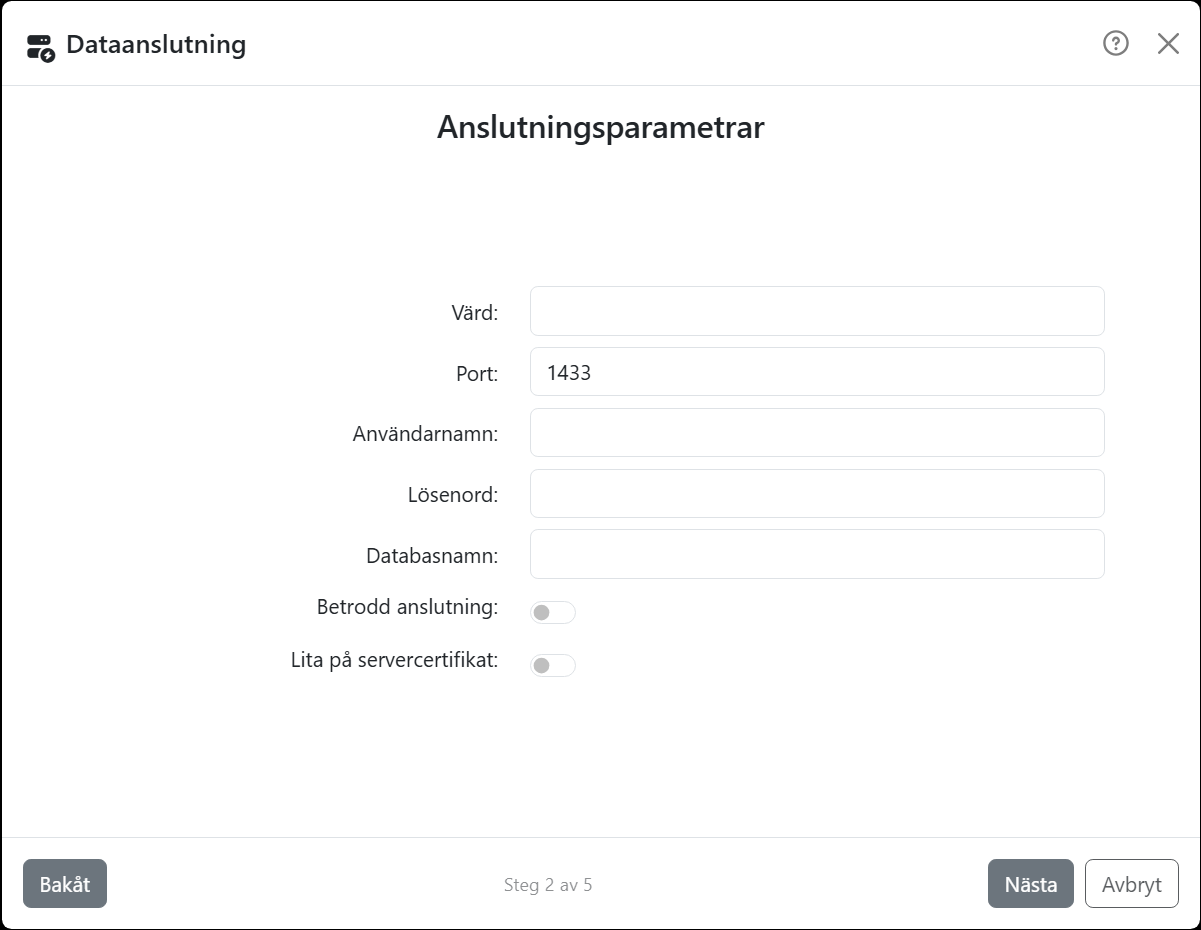 Guidens steg Anslutningsparametrar för SQL
Server: Värd, Port med 1433, Användarnamn, Lösenord, Databasnamn och reglagen Betrodd anslutning och Lita på
servercertifikat.