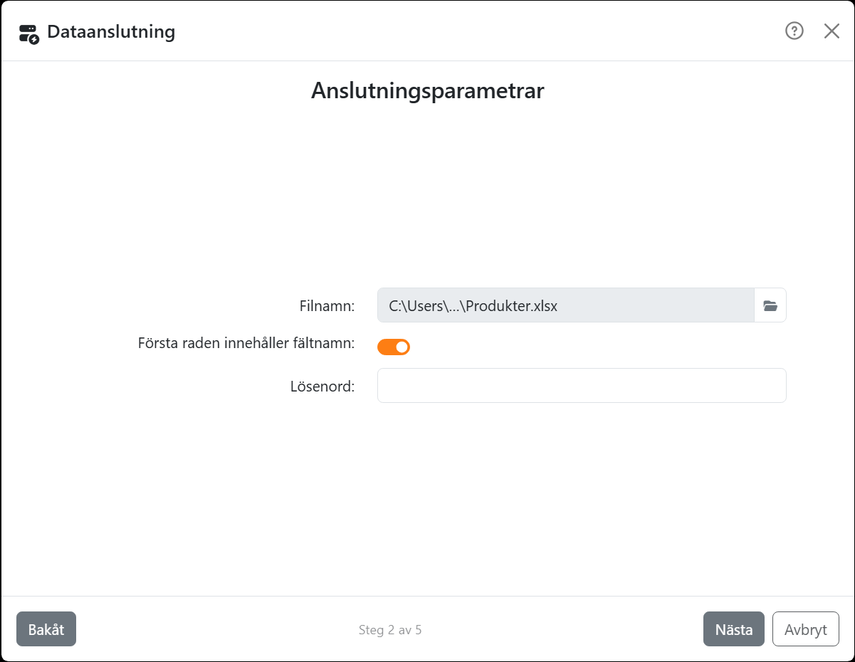 Guidens steg Anslutningsparametrar för Excel:
Filnamn med Produkter.xlsx, Första raden innehåller fältnamn aktiverat, och Lösenord.