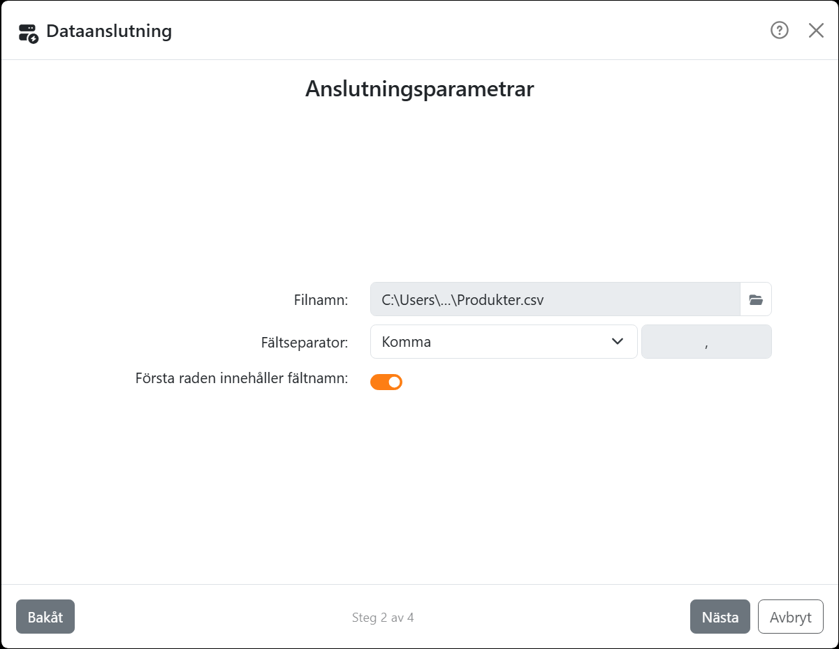 Guidens steg Anslutningsparametrar för en textfil:
Filnamn med Produkter.csv, Fältseparator inställd på Komma och Första raden innehåller fältnamn aktiverat.