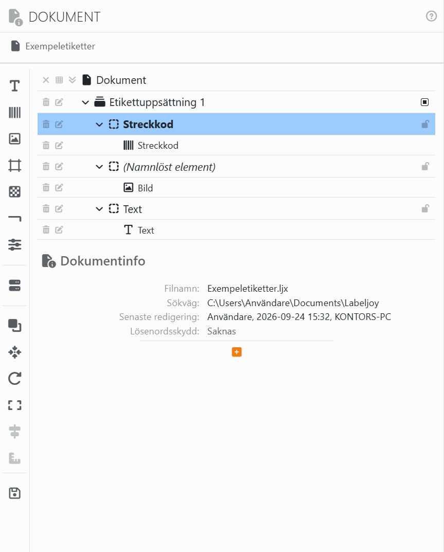 Panelen Dokument: en rad ikoner längs vänsterkanten;
listan med Dokument, Etikettuppsättning 1 och dess tre element Streckkod, ett namnlöst element och Text, alla
öppnade så att det syns vad de innehåller; och under den Dokumentinfo, med filnamnet, sökvägen, den senaste
redigeringen och lösenordsskyddet.