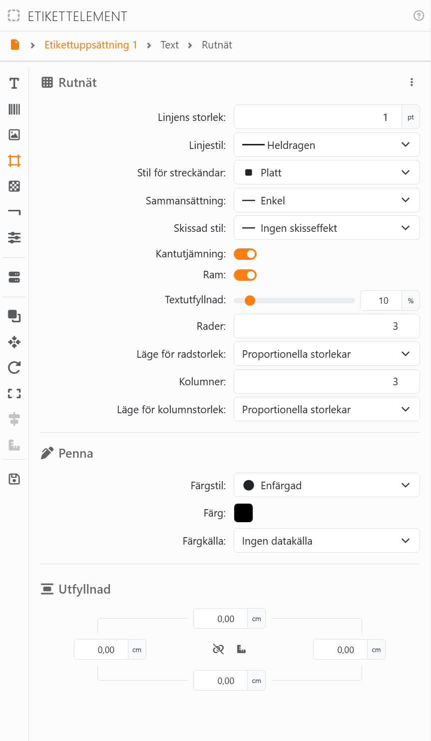 Sektionen Rutnät: Linjens storlek 1 pt, Linjestil Heldragen, Stil för streckändar
Platt, Sammansättning Enkel, Skissad stil Ingen skisseffekt, Kantutjämning på, Ram på, Textutfyllnad 10 %, Rader 3 och Läge för
radstorlek Proportionella storlekar, Kolumner 3 och Läge för kolumnstorlek Proportionella storlekar, sedan Penna och Utfyllnad.