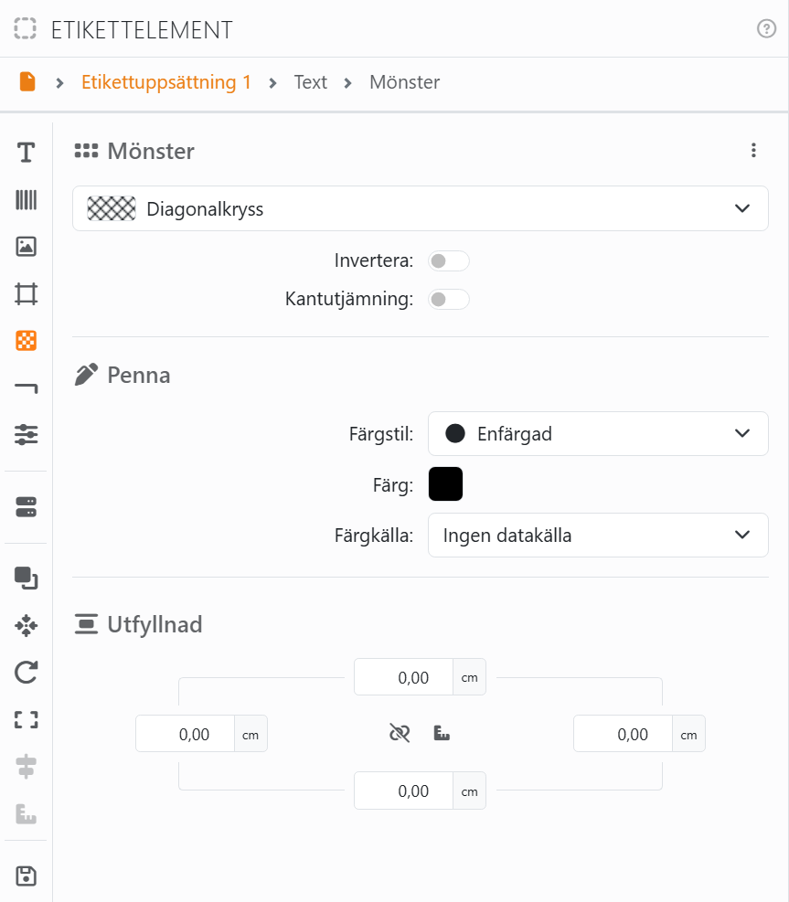 Sektionen Mönster med Diagonalkryss valt, Invertera av,
Kantutjämning av, sedan Penna och Utfyllnad.